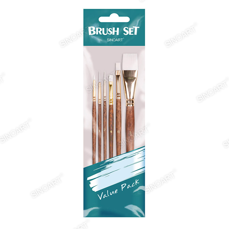 6PK Short Handle Taklon/Synthetic Painting white hair Brush Set