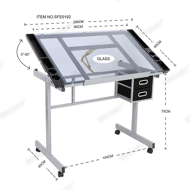 104x60x75cm Drafting Tempered Glass Adjustable Craft Tabletop Art Top Station Drawing Table