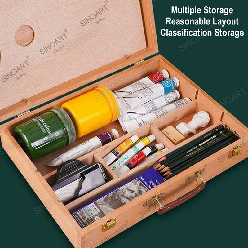 32.3x24.8x7.3cm Wooden Artist Paint Brush Tool Storage with Wooden Palette Sketch Box Cases 