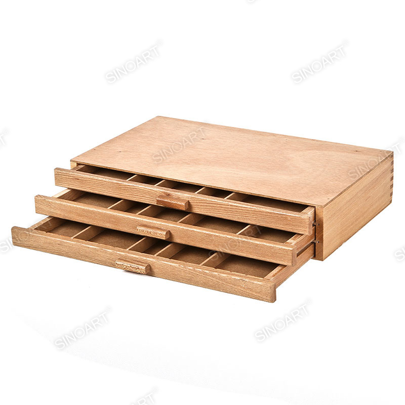 40x24.3x5cm Wooden Artist Two-Drawer Paint Brush Tool Storage Sketch Box Cases