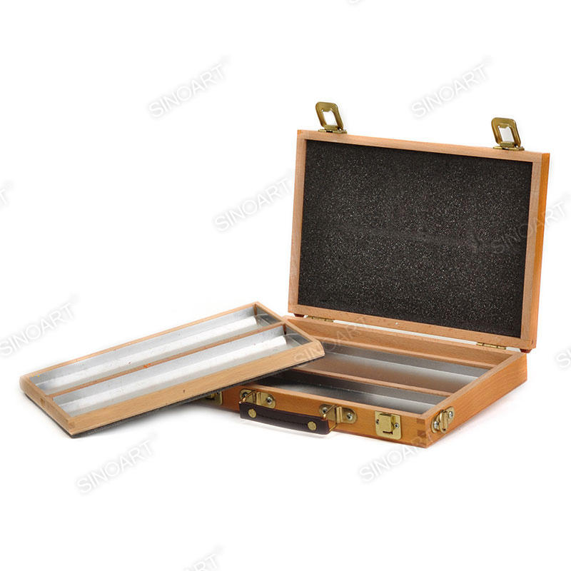 Wooden Two-Layer Artist Oil Pastel Storage Drawer with Aluminum Tray Sketch Box Cases