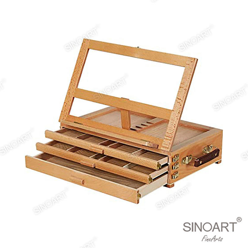 Wooden Three-Drawer Artist Portable Tabletop Paint Tool Storage Sketch Box Easel