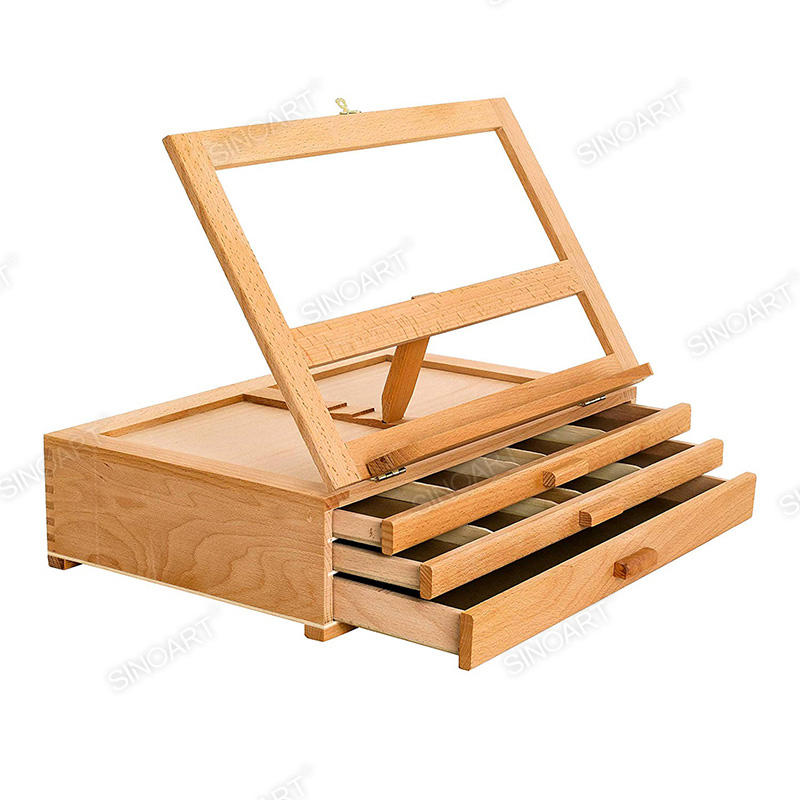 Wooden Three-Drawer Artist Portable Tabletop Paint Tool Storage Sketch Box Easel