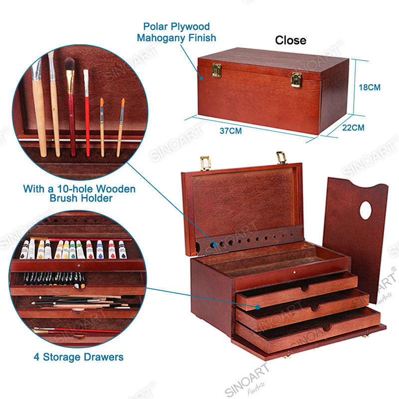 Wooden Deluxe Multi-Drawer Artist Paint Tool Storage with Brush Holder Sketch Box Cases