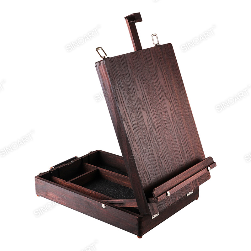 26x39x12.7cm Antique Brown Mahogany Wooden Artists Portable Sketch Tabletop Foldable Box Easel