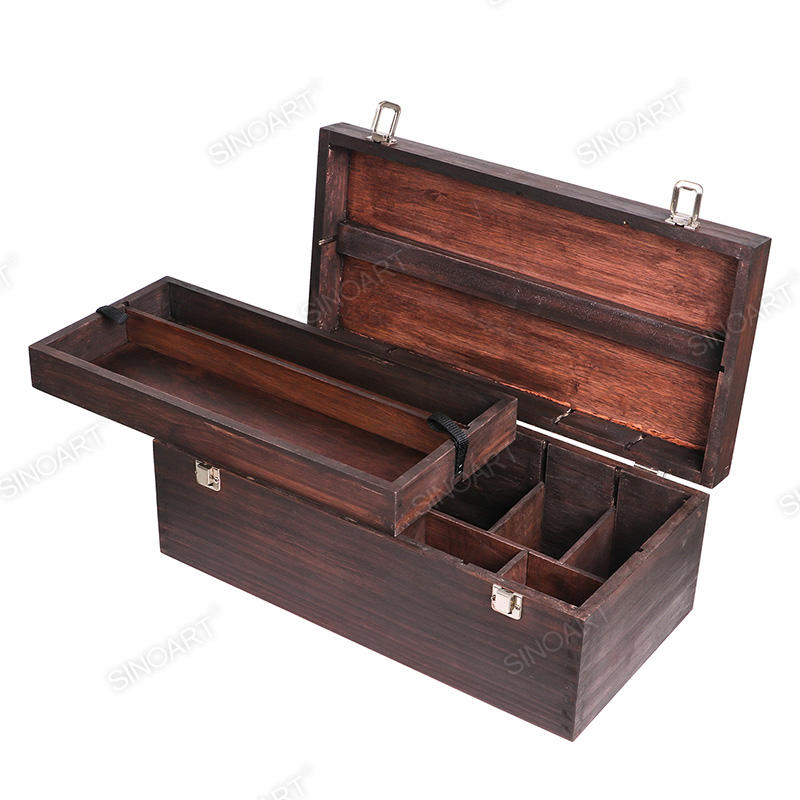 40.5x20x15.5cm Antique Brown Mahogany Wooden 2-Tier Artist Paint Brush Tool Storage Sketch Box Cases 