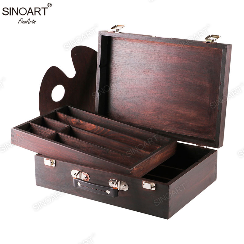 36x25x11.5cm Antique Brown Mahogany Wooden 2-Tier Artist Paint Brush Tool Storage Sketch Box Cases 