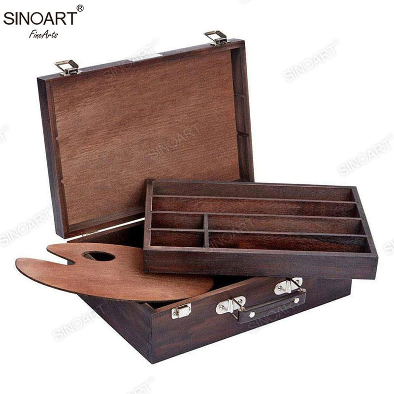 36x25x11.5cm Antique Brown Mahogany Wooden 2-Tier Artist Paint Brush Tool Storage Sketch Box Cases 