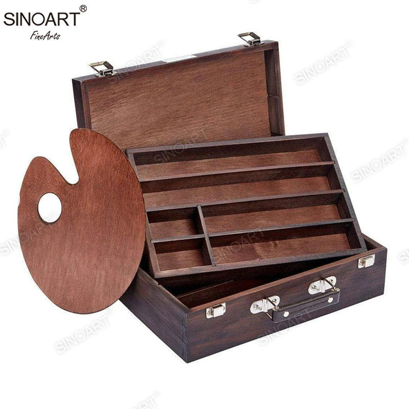 36x25x11.5cm Antique Brown Mahogany Wooden 2-Tier Artist Paint Brush Tool Storage Sketch Box Cases 