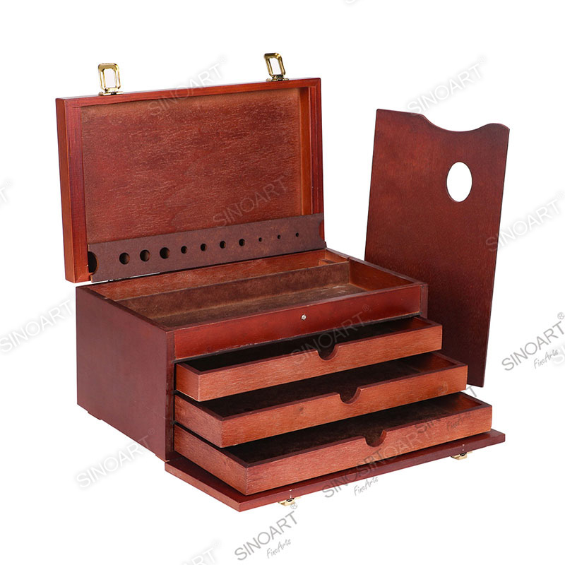 Wooden Deluxe Multi-Drawer Artist Paint Tool Storage with Brush Holder Sketch Box Cases