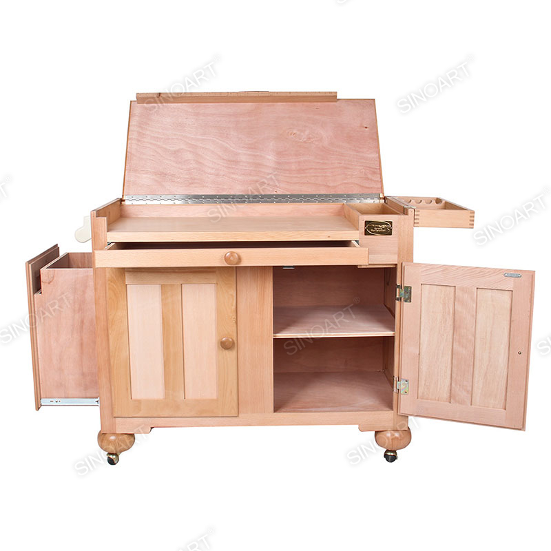 Artist Professional Workstation with Drawers & Trash Bin Wooden Easel  