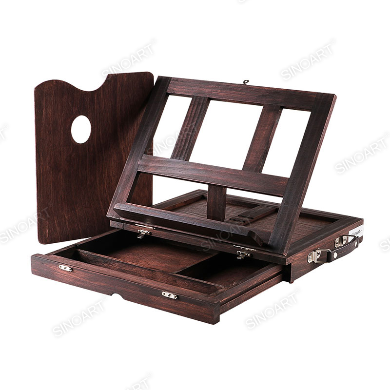 33.5x26x26.5cm Antique Brown Mahogany Wooden Drawer Portable Artist Tabletop Foldable Box Easel
