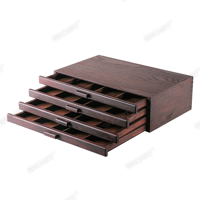 40x24.5x11.5cm Antique Brown Mahogany Wooden Artist Three-Drawer Paint Brush Tool Storage Sketch Box Cases 