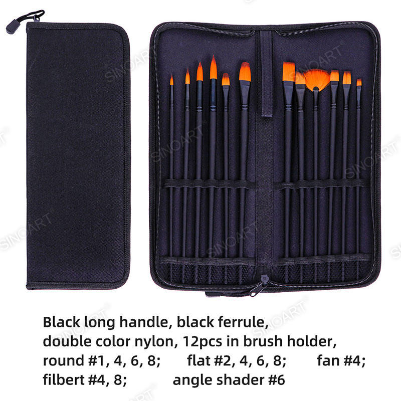 12pcs Senior Nylon brushes Black long handle Brush Set